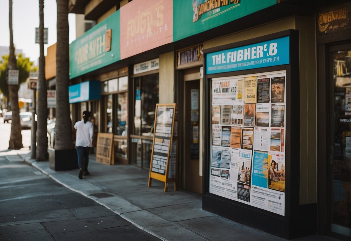 A bustling street in Los Angeles with a variety of print shops lining the sidewalk. Brightly colored flyers and posters are displayed in the windows, showcasing their printing services