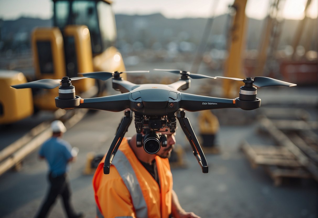 A construction drone hovers above a bustling construction site, capturing aerial views of workers, equipment, and materials in action