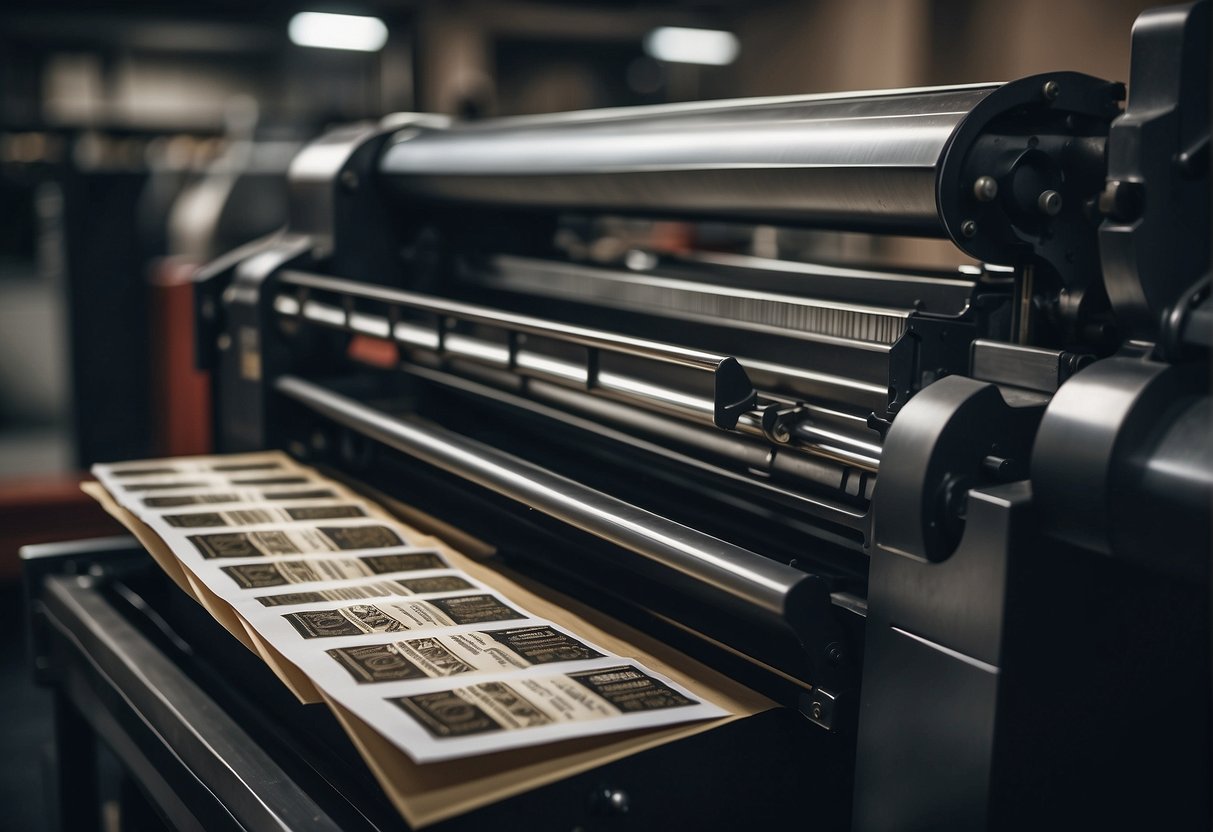 A printing press in action, with business cards being fed through the machine and coming out neatly stacked, showcasing the precision and efficiency of the printing process