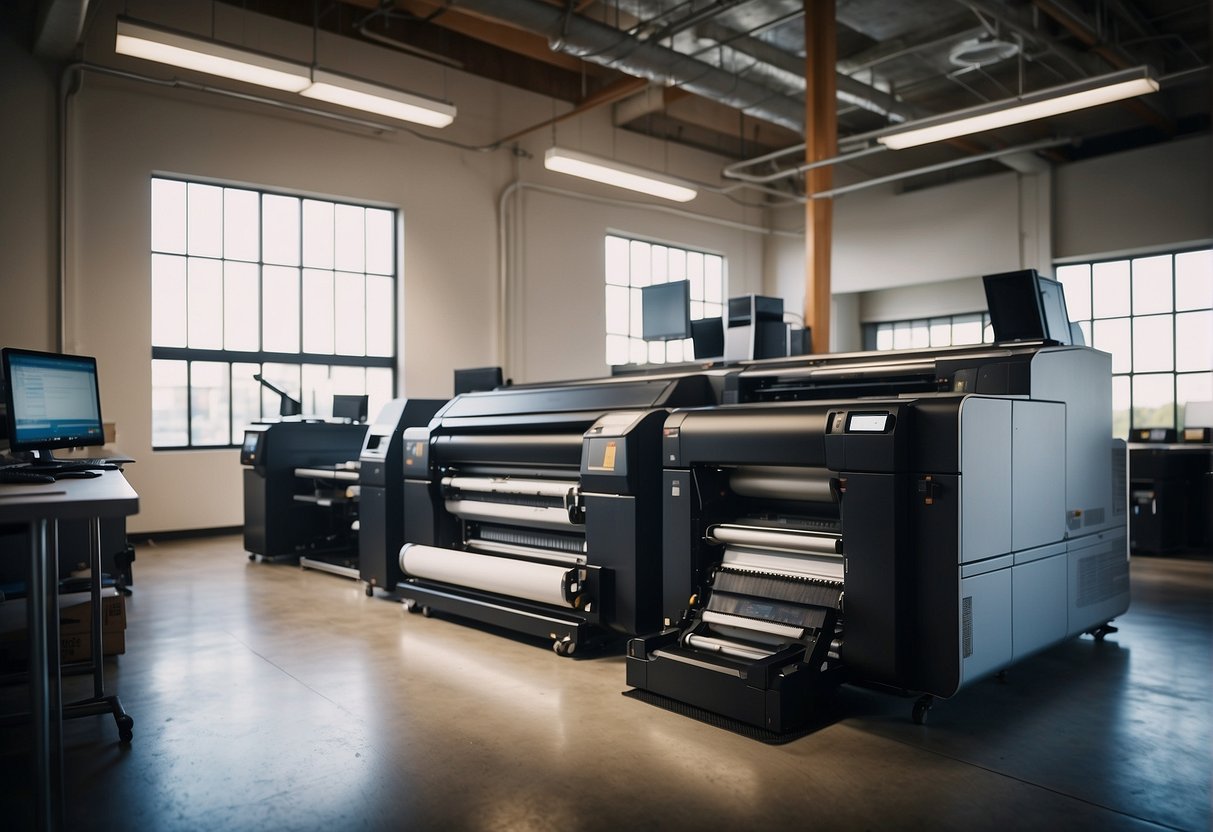 Vibrant digital printers in a spacious Los Angeles studio, humming with activity and producing high-quality prints