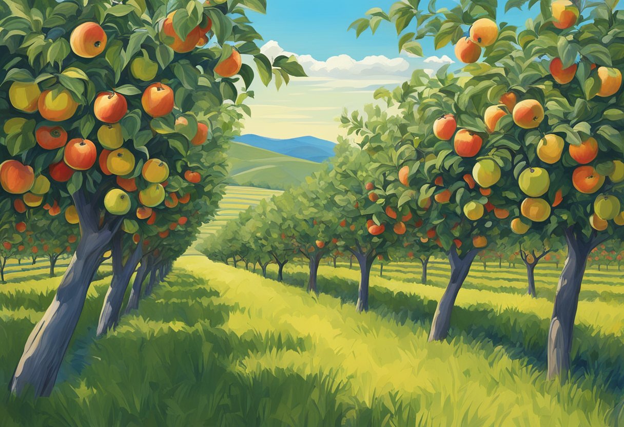 Lush apple orchards in the foothills of Denver, with rows of trees heavy with ripe fruit under a clear blue sky