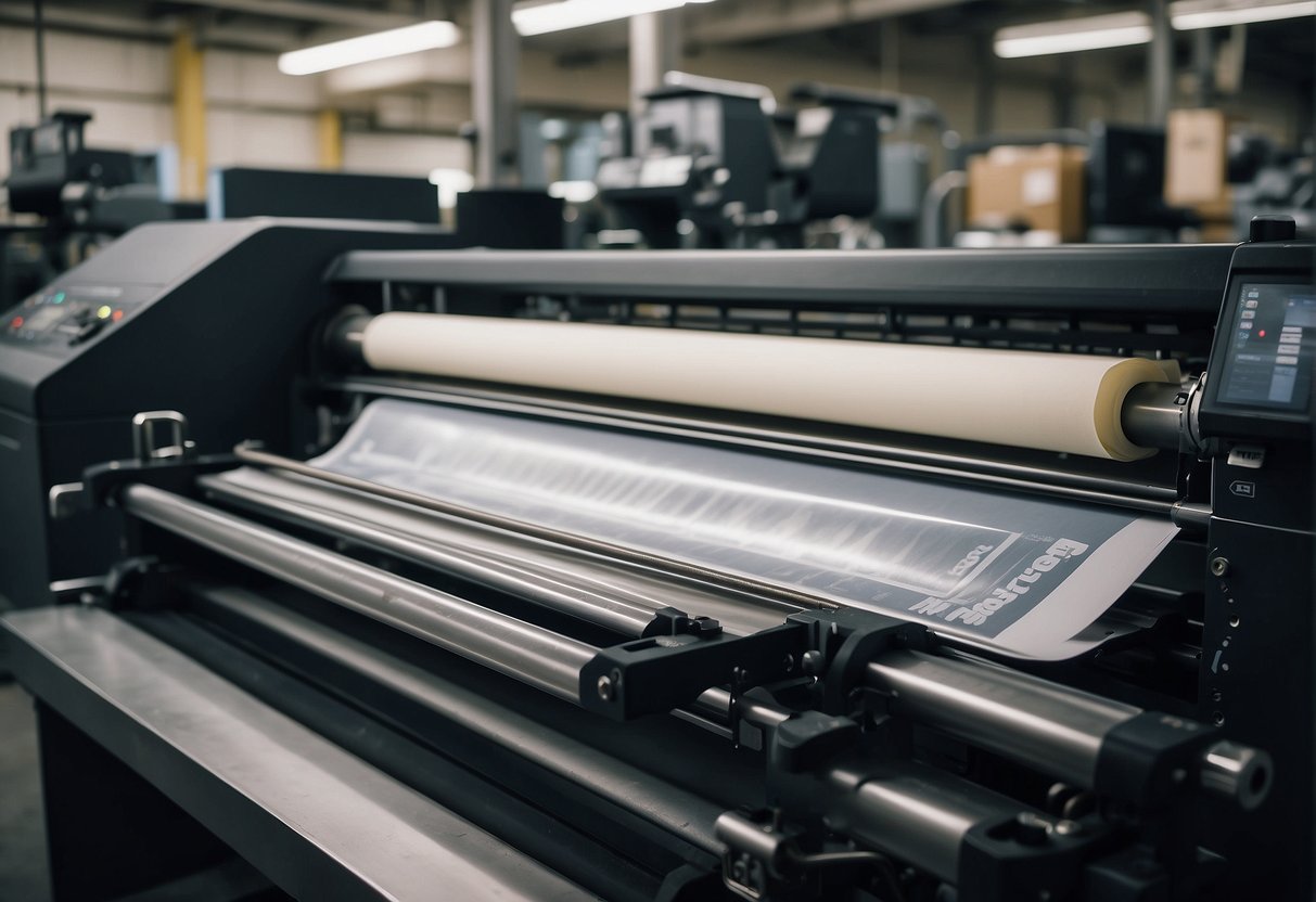A printing press in Los Angeles produces booklets, with stacks of paper, ink cartridges, and a large industrial printer in the background