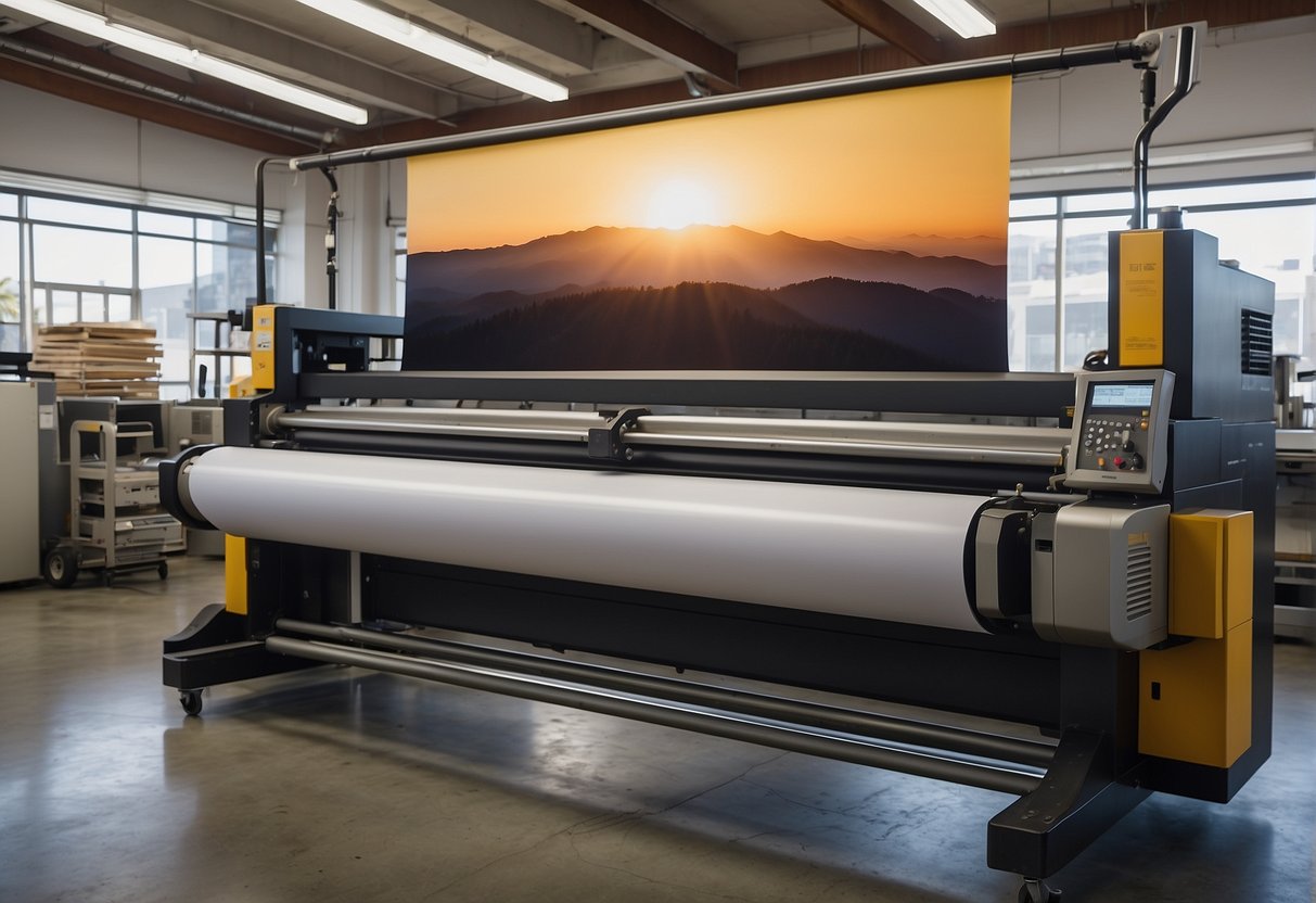 A large outdoor banner being printed in a Los Angeles print shop
