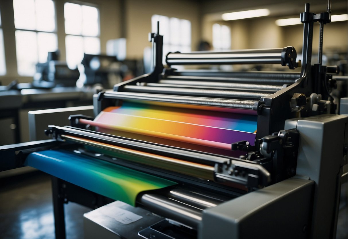 A printing press in Los Angeles hums as it produces colorful brochures. Ink cartridges are loaded, paper feeds through the machine, and finished brochures stack neatly on the output tray