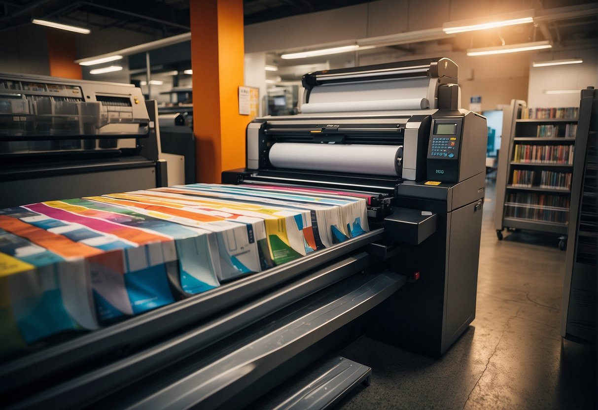 A commercial printer in Los Angeles hums as it churns out colorful flyers and brochures, with paper stacked neatly nearby. Ink cartridges and printing plates are neatly organized on shelves