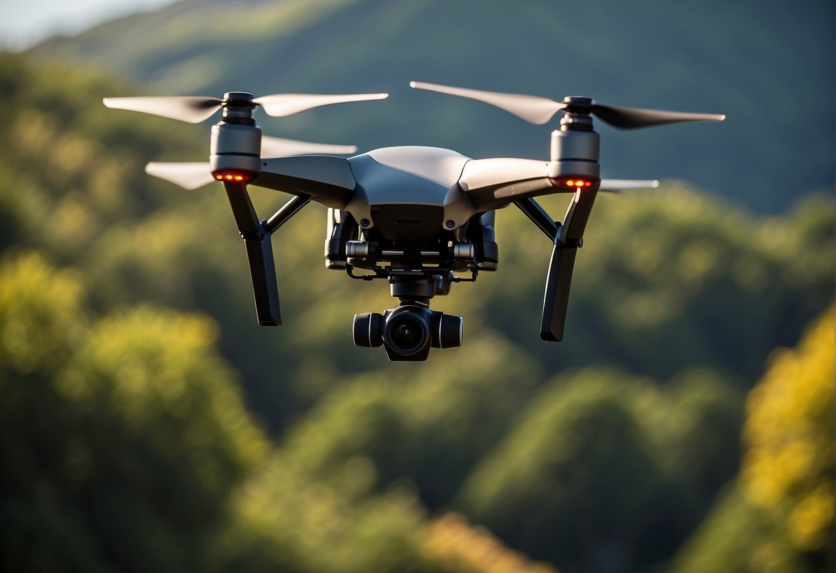 A drone hovers above a picturesque landscape, capturing stunning aerial views with its camera
