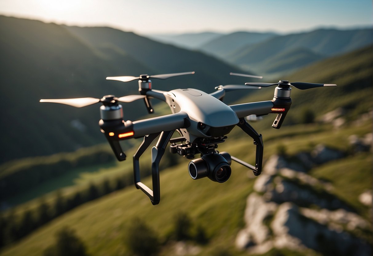 A drone hovers above a scenic landscape, capturing dynamic aerial shots with precision and creativity. The camera tilts and pans, revealing stunning natural beauty from unique perspectives