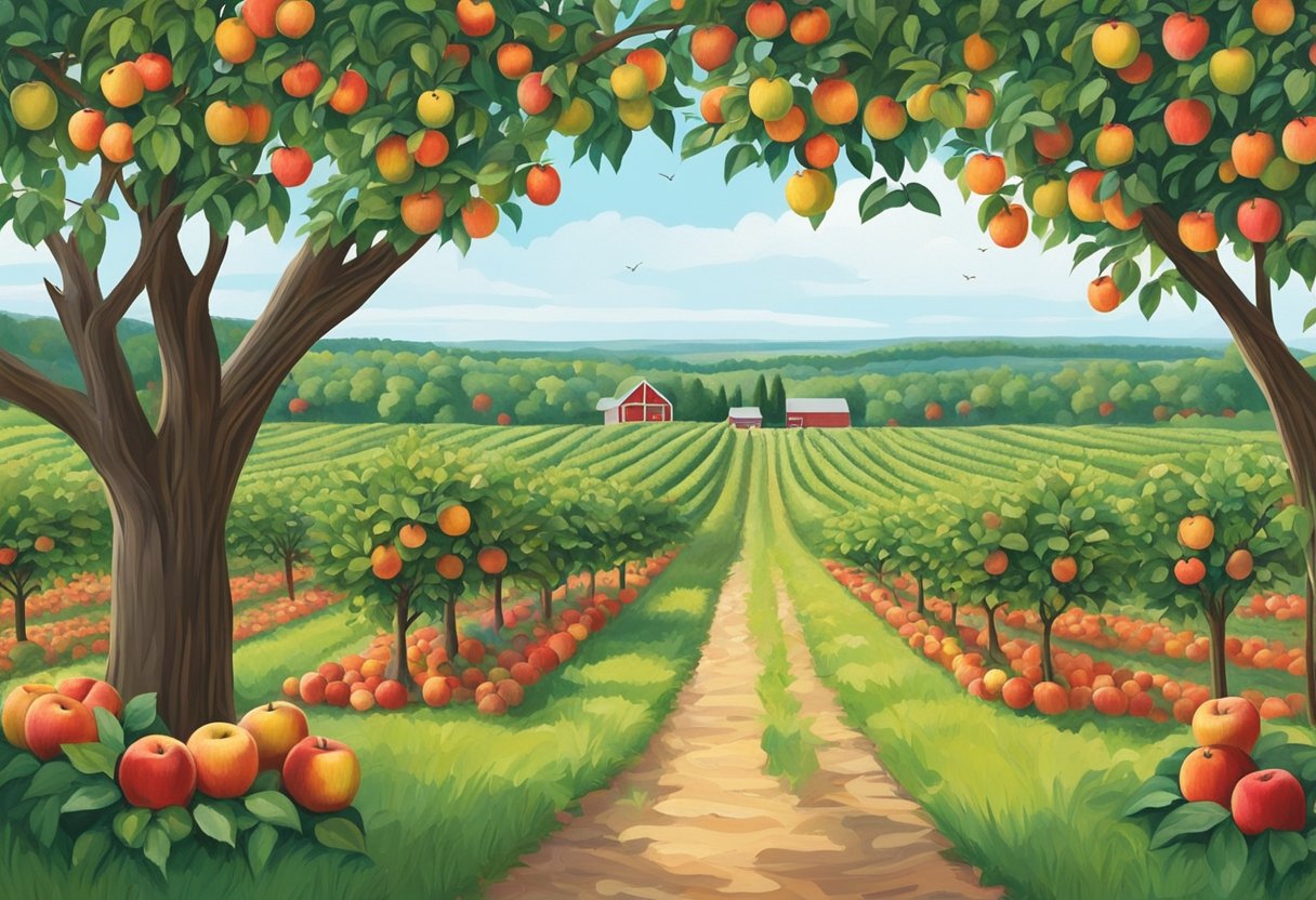 Lush apple orchard with rows of trees, ripe fruit, and families picking in the scenic countryside near Green Bay, WI