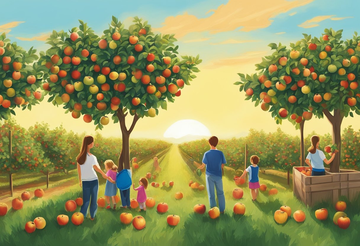 Families gather ripe apples in scenic orchards at Best Pick Your Own Farms near Gurnee, IL. Trees laden with fruit stretch to the horizon under a clear blue sky