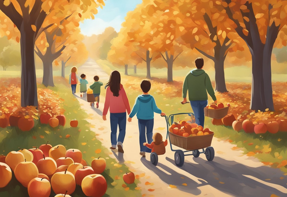 Families roam through lush orchards, filling baskets with crisp apples under the warm autumn sun