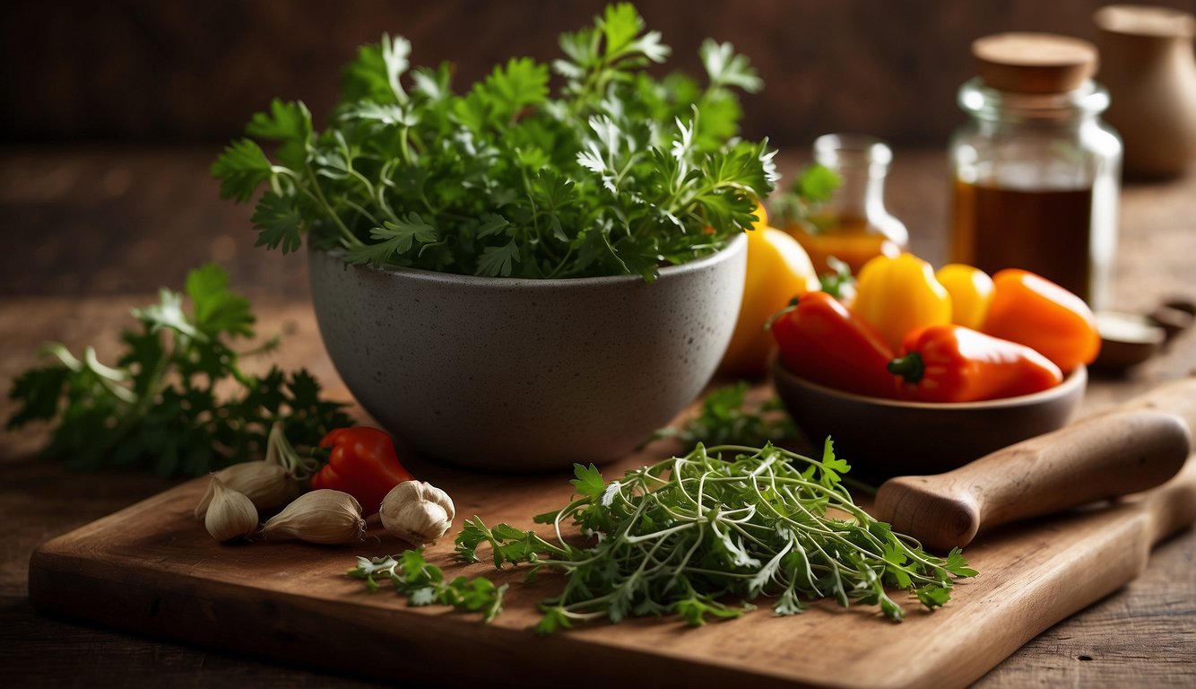 Fresh herbs like cilantro, thyme, and scotch bonnet peppers arranged on a wooden cutting board with a mortar and pestle nearby