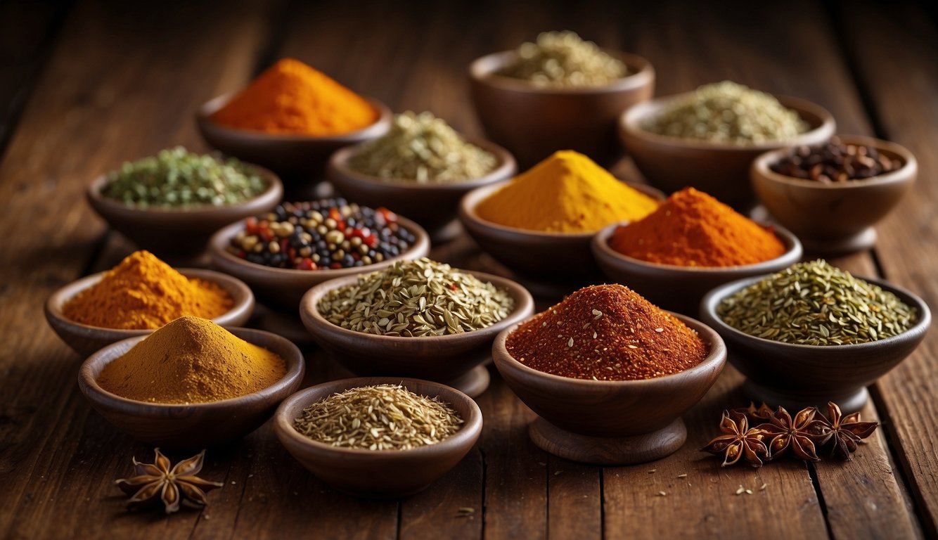 A variety of vibrant spices and seasoning blends are displayed on a rustic wooden table, including thyme, allspice, and scotch bonnet peppers, evoking the flavors of Caribbean cuisine
