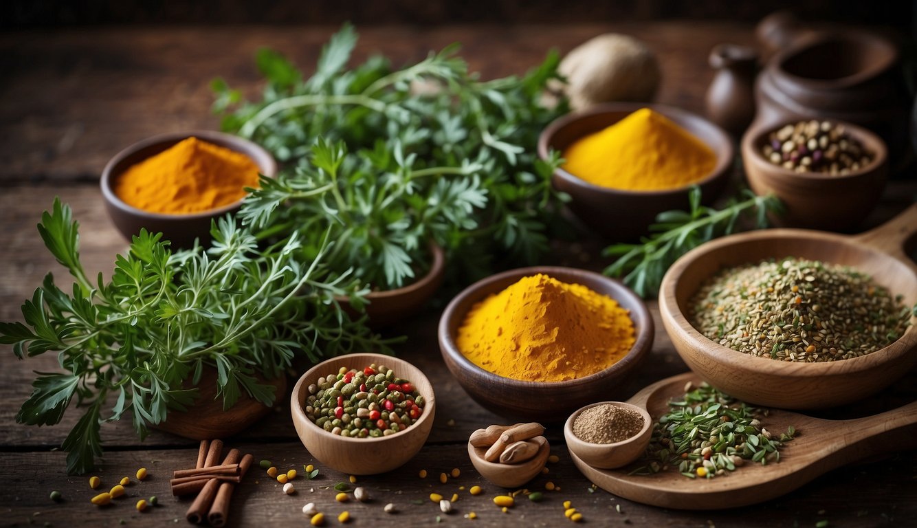 Fresh herbs and colorful spices are scattered on a rustic wooden table, ready to be used in vibrant Caribbean dishes