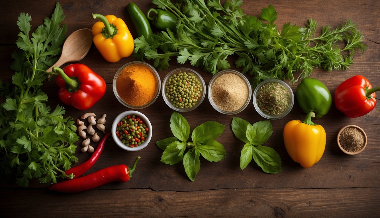 A variety of vibrant, fresh herbs and spices are arranged on a rustic wooden table, including cilantro, thyme, and scotch bonnet peppers, evoking the rich flavors of Caribbean cuisine