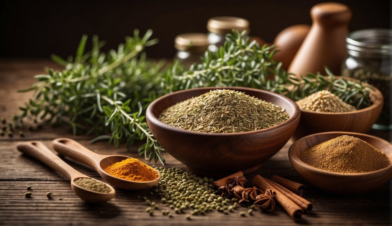 Various herbs and spices, such as thyme, cinnamon, and nutmeg, are scattered on a wooden table next to a mixing bowl and measuring spoons. A warm, inviting atmosphere surrounds the scene