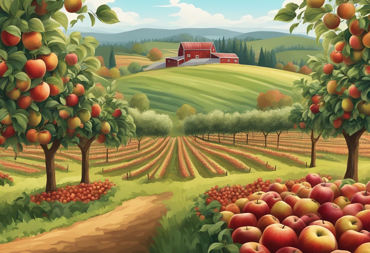 A sprawling apple orchard with rows of trees laden with ripe, red apples. A rustic barn and rolling hills in the background