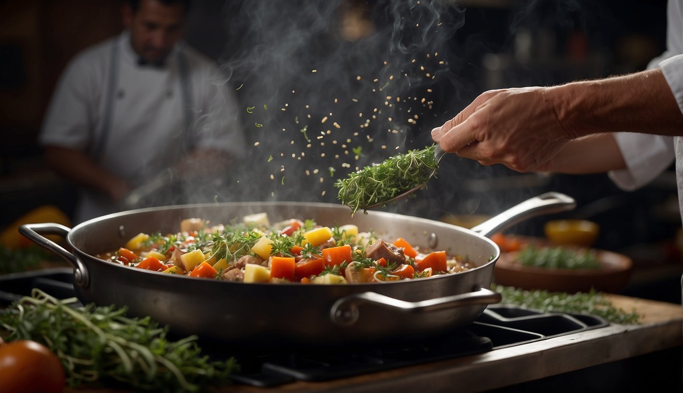 A chef sprinkles fresh thyme over a sizzling pot of Caribbean stew, its aromatic fragrance filling the air