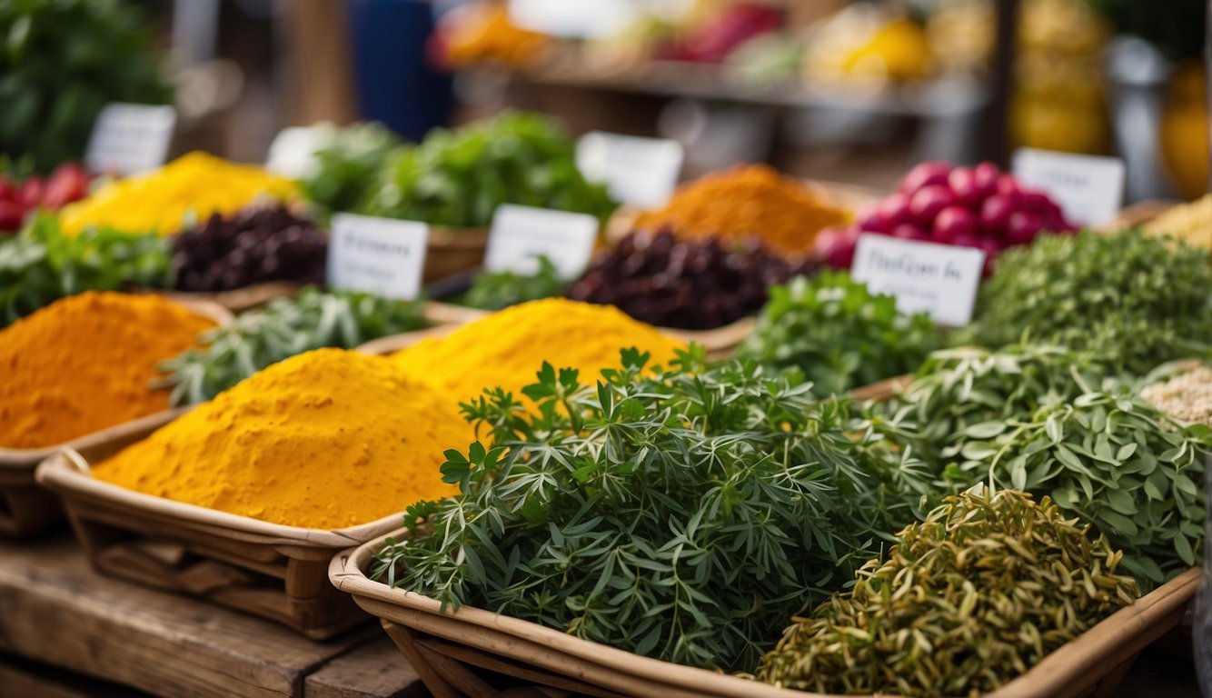 A vibrant market stall displays a variety of Caribbean herbs, with the Global Influence and Fusion herb prominently featured. The rich colors and aromatic scents evoke the fusion of global flavors in Caribbean cuisine