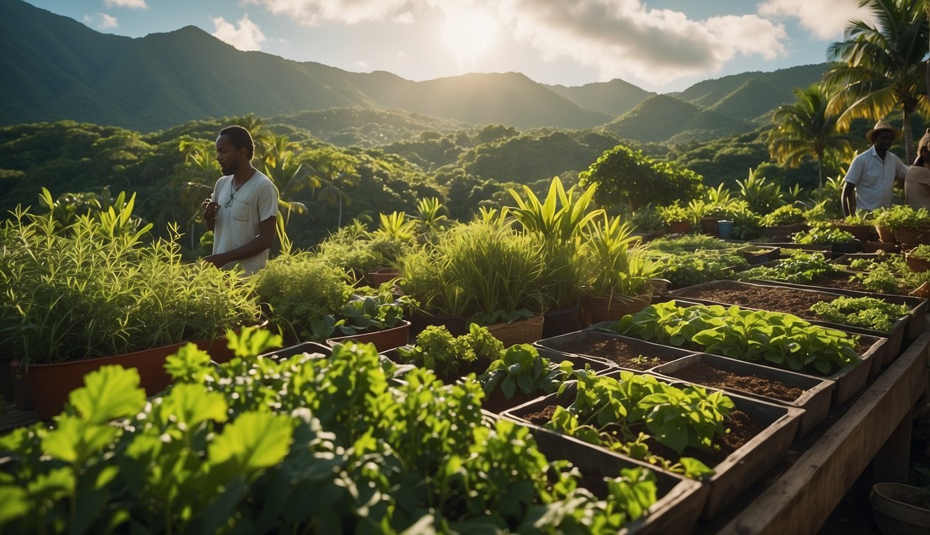 Lush Caribbean landscape with vibrant herbs growing in the sun, surrounded by local farmers sourcing the freshest ingredients for Caribbean cuisine