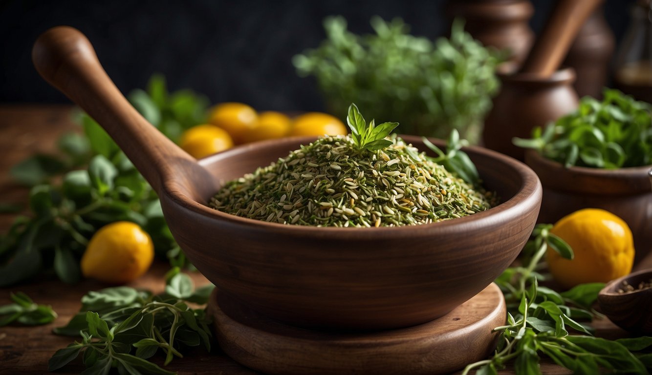 A mortar and pestle grind fresh herbs for a traditional Caribbean dish. The vibrant colors and aromatic scents evoke the rich cultural significance of the cuisine