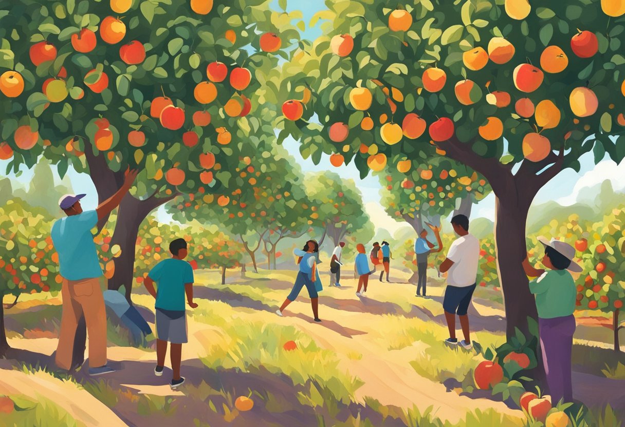 People exploring apple orchards in Irvine, CA, picking fruit from trees on a sunny day