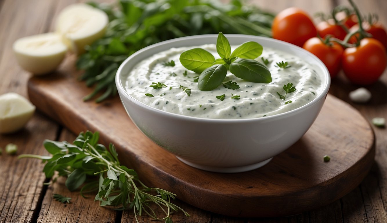 A small bowl of creamy herb yogurt dip sits on a rustic wooden table, surrounded by fresh herbs and vegetables
