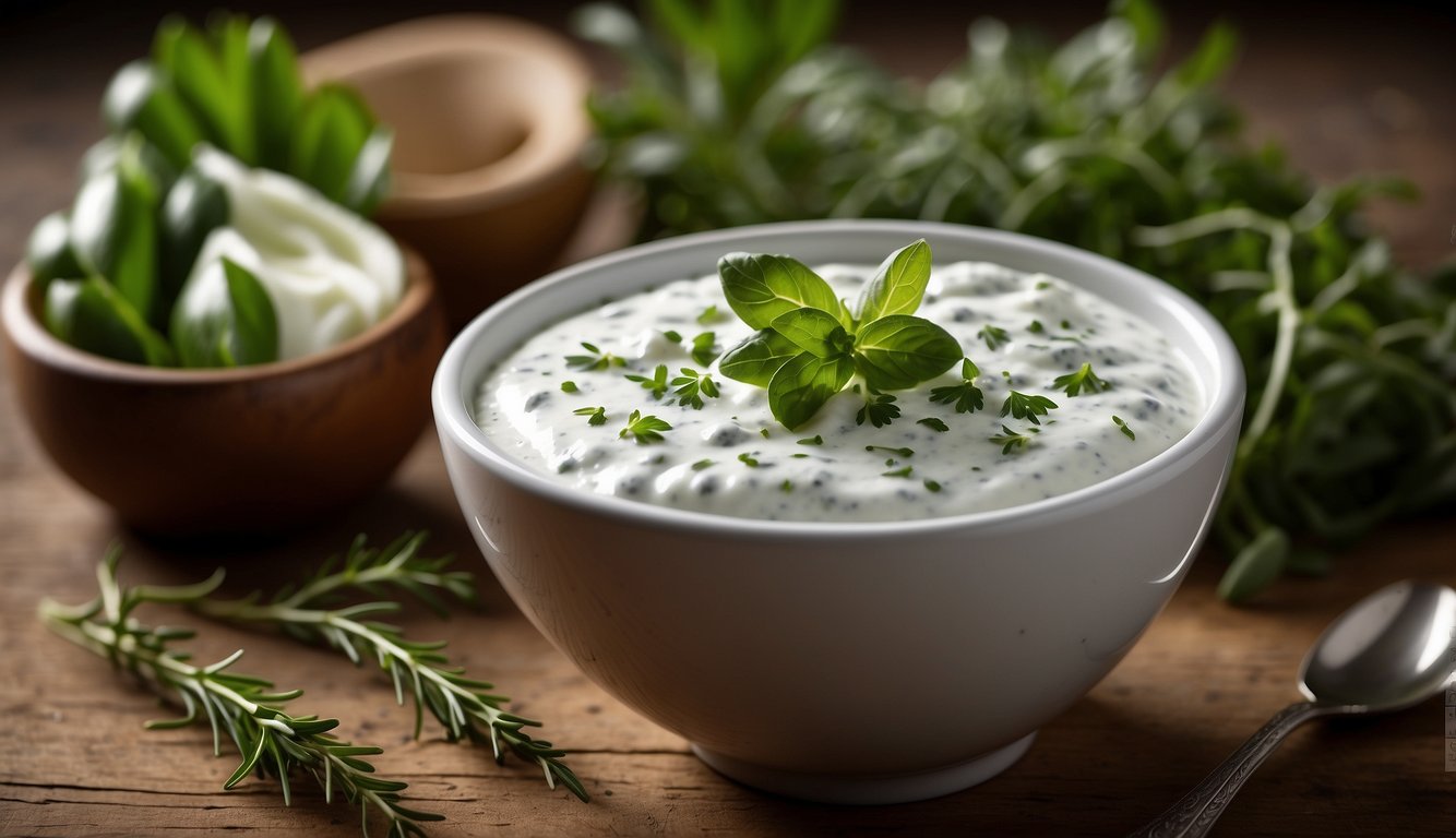 A bowl of creamy herb yogurt dip surrounded by fresh herbs, a dollop of yogurt, and a sprinkle of seasoning on a wooden table