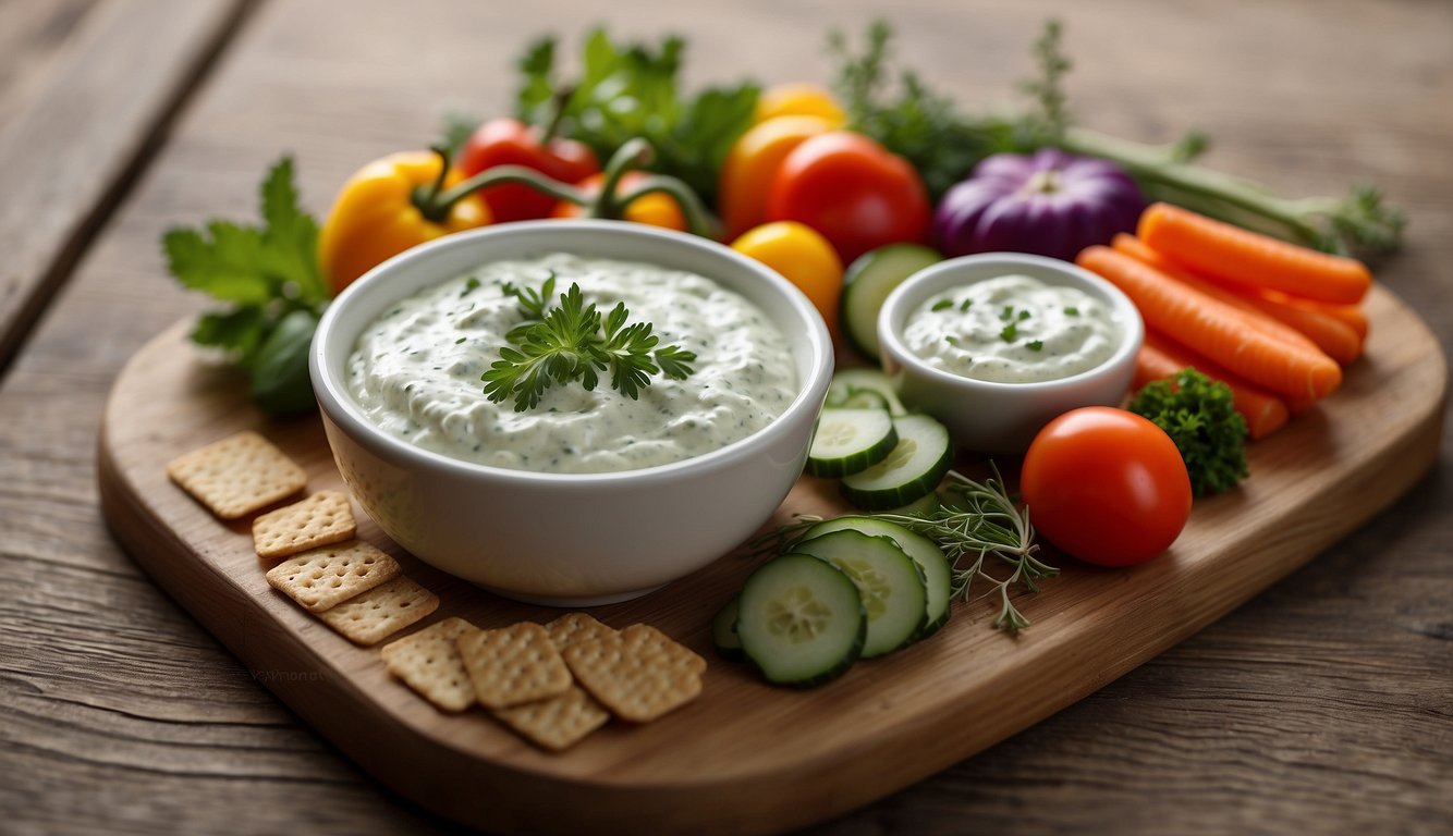 A small bowl of herb yogurt dip surrounded by fresh vegetables and crackers on a wooden serving board
