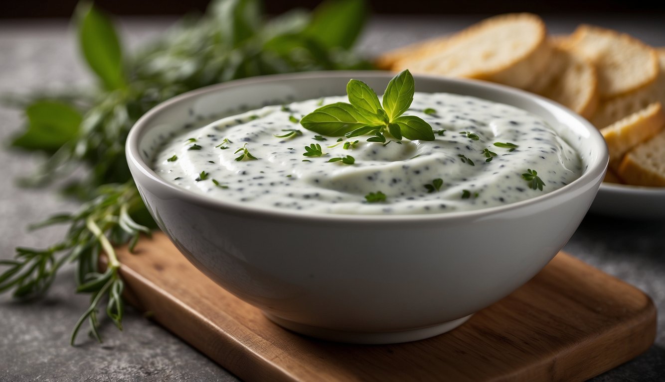A bowl of herb yogurt dip, thick and creamy, with visible specks of herbs and a smooth, velvety texture