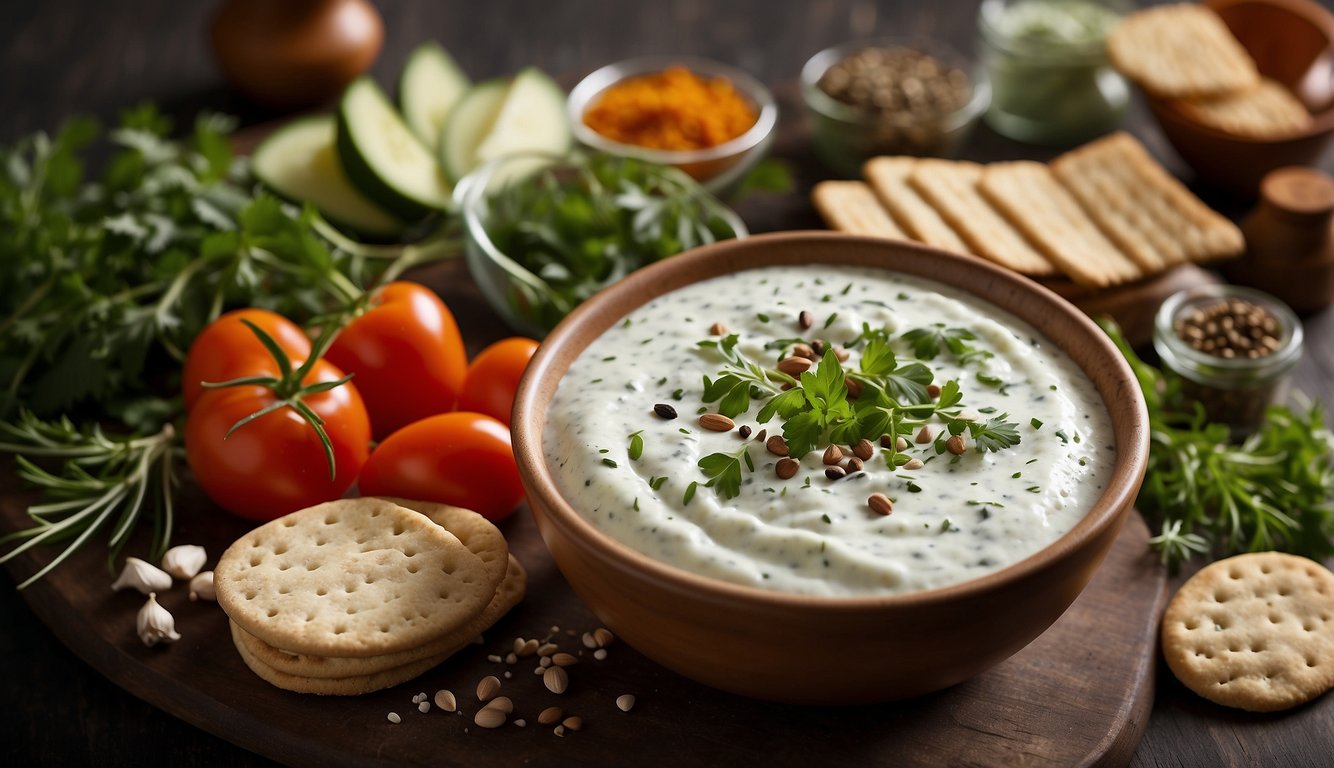 A bowl of herb yogurt dip surrounded by an assortment of fresh herbs and spices, with a variety of dipping options such as vegetables, pita bread, and crackers arranged around it