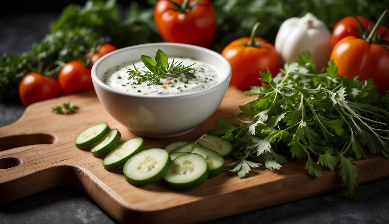 A small bowl of creamy herb yogurt dip surrounded by fresh herbs and vegetables on a wooden cutting board