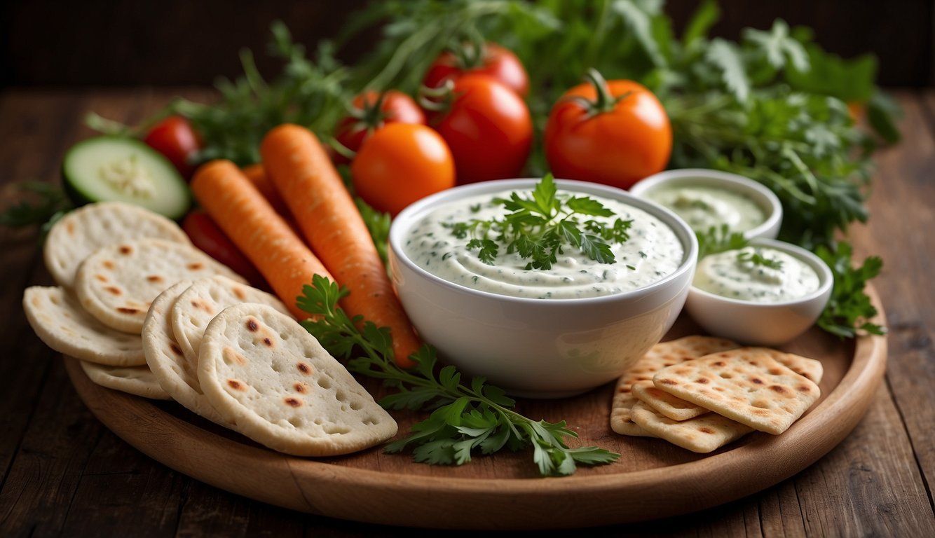 A bowl of herb yogurt dip surrounded by fresh herbs, a stack of pita bread, and colorful vegetable sticks on a wooden serving platter