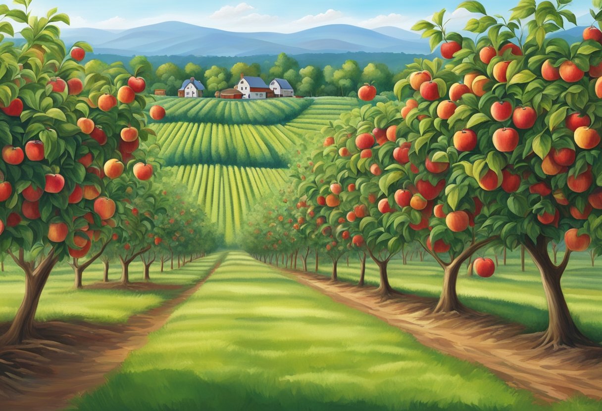 Lush apple orchard with rows of trees, vibrant red and green apples, families picking fruit, and a scenic backdrop near Jamestown, NY