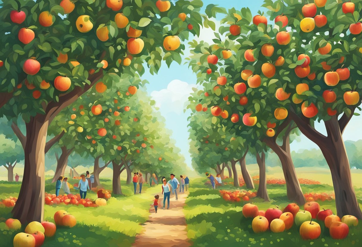 Vibrant apple orchard with rows of trees, ripe fruit, and families enjoying the sunny day
