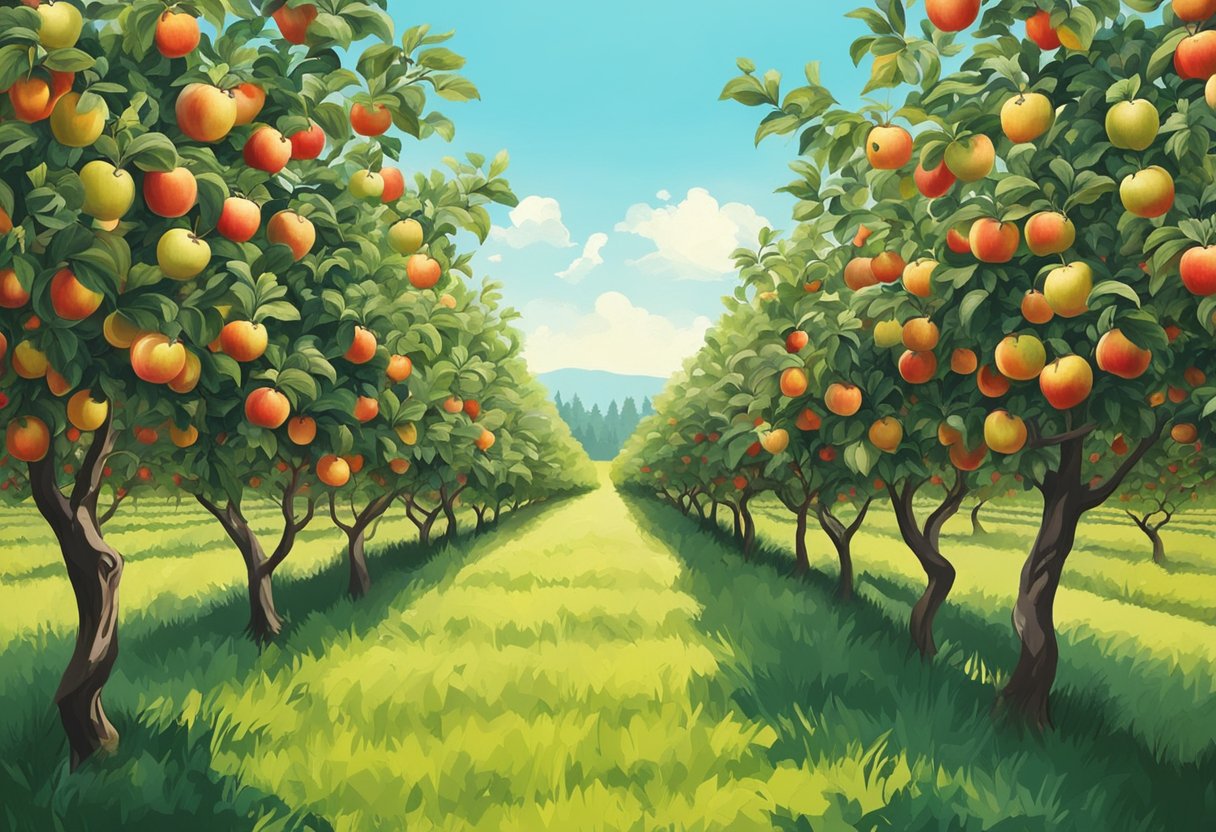 Lush apple orchard with rows of trees, ripe fruit, and a clear blue sky