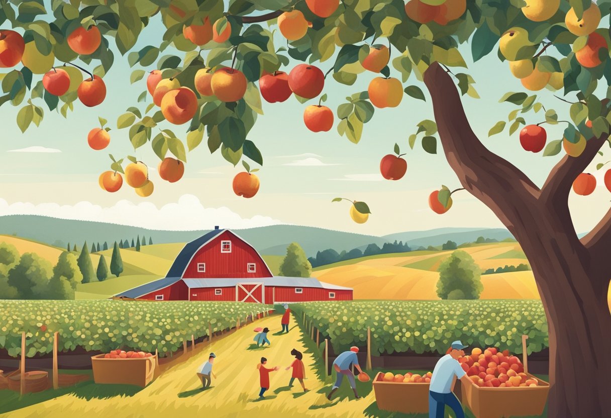 People picking apples in a sunny orchard, with rows of trees and baskets of fruit. A red barn and rolling hills in the background