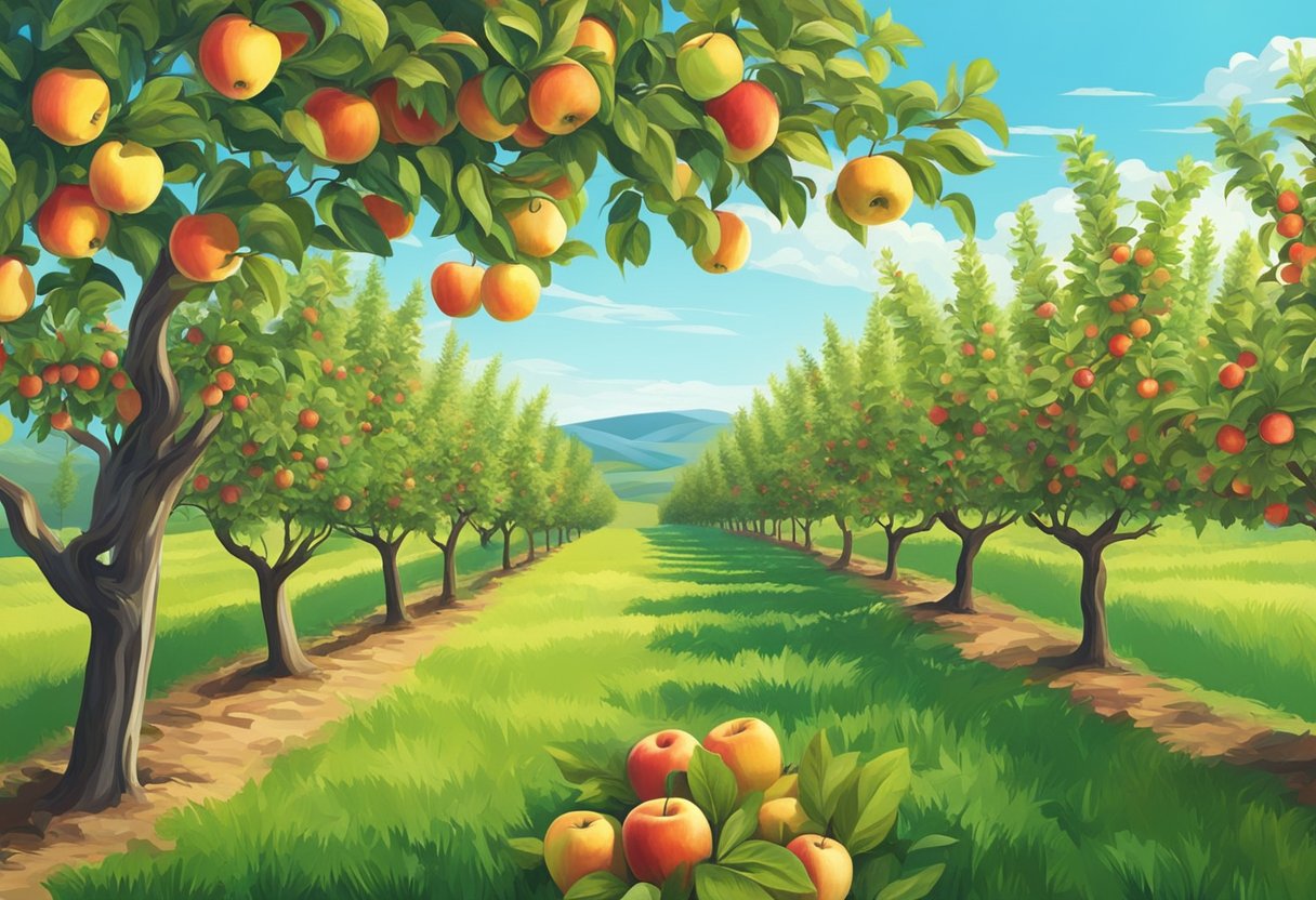 Lush orchard with rows of apple trees, ripe fruit hanging from branches. Rolling hills in the background, a clear blue sky above