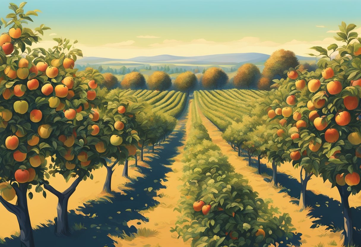 Lush apple orchards sprawl under a clear blue sky, with families picking ripe fruit and the scent of autumn in the air