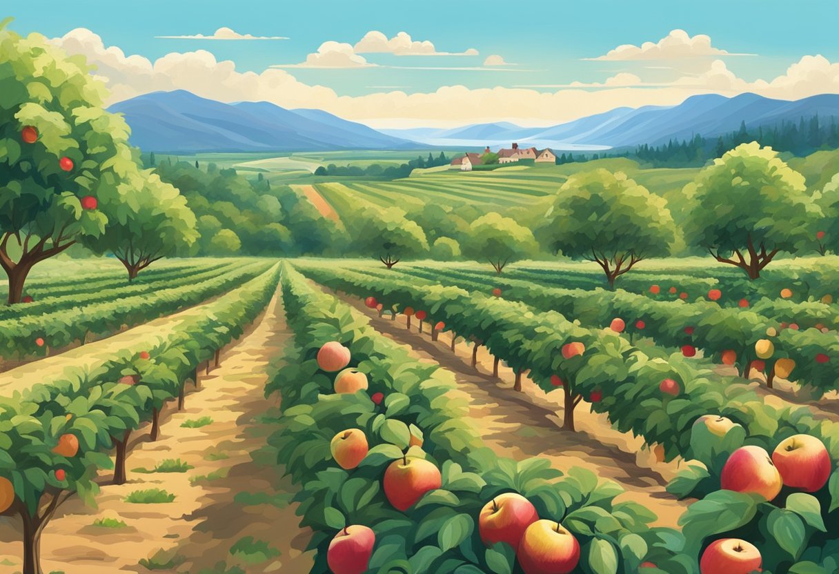 Lush apple orchard with rows of trees, ripe fruit, and families picking. Blue sky and distant mountains