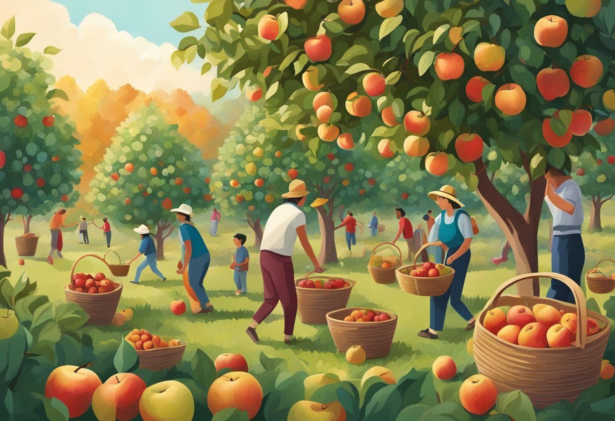 People exploring apple orchard, picking fruit, surrounded by trees and baskets