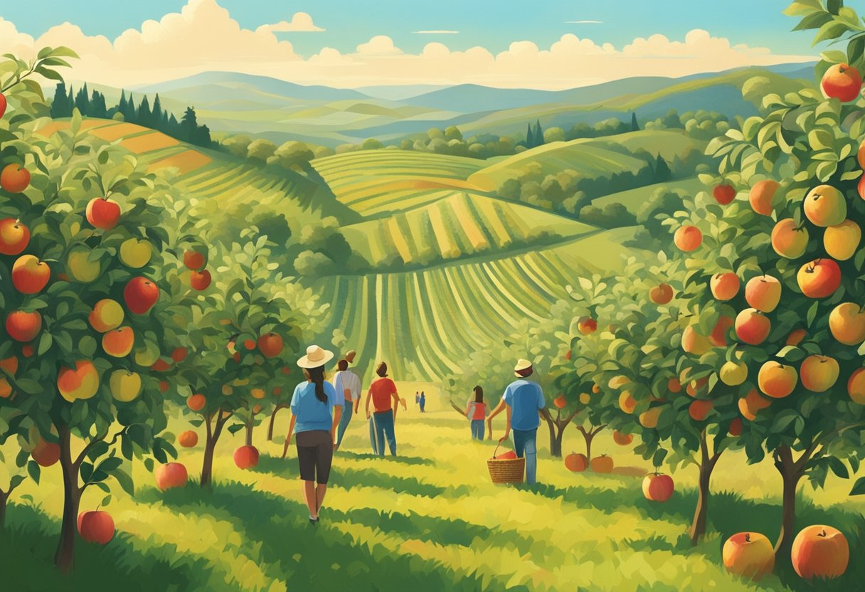 Lush apple orchard with rows of trees, ripe fruit, and families enjoying picking. Sunny sky and rolling hills in the background