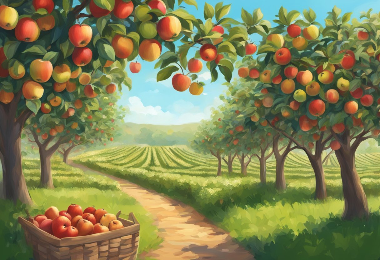 Lush apple orchards sprawl under a clear blue sky. Baskets overflow with ripe red and green apples. Families wander between the trees, plucking the fruit