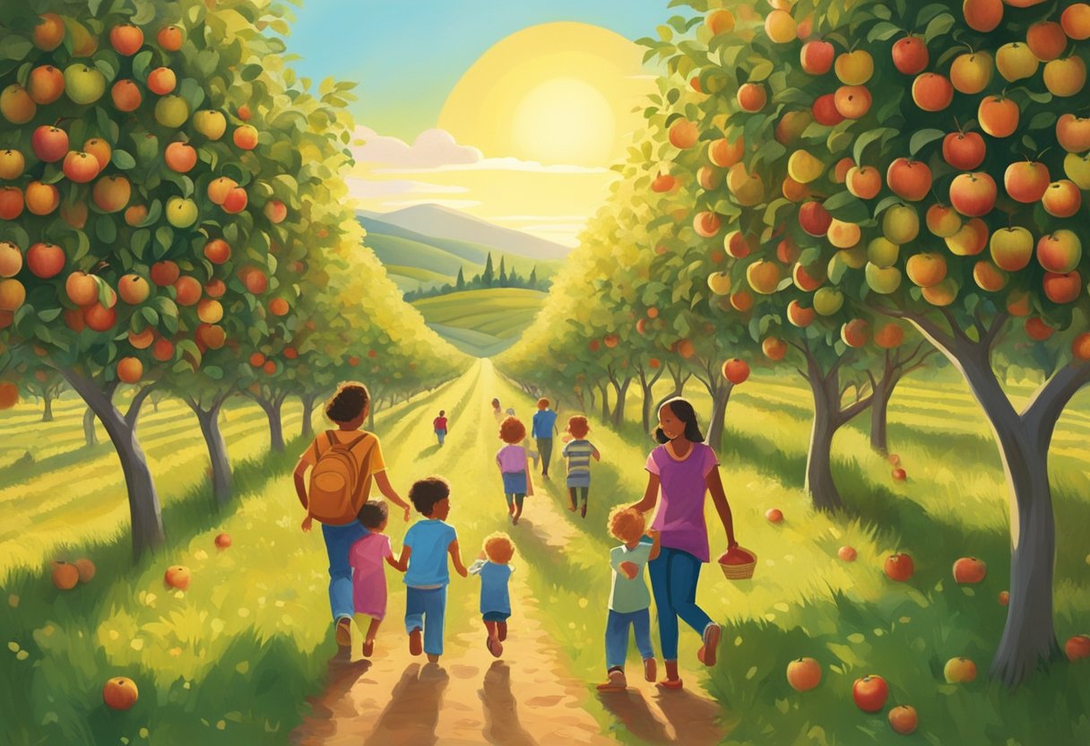 Families roam through rows of apple trees, selecting ripe fruit. The sun shines on rolling hills, and children laugh as they fill their baskets