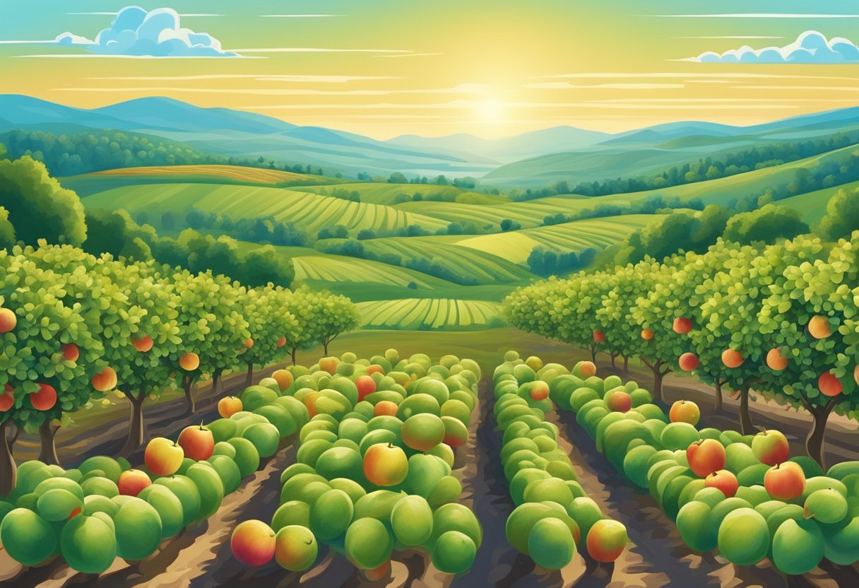 A sprawling apple orchard with rows of trees heavy with ripe fruit, set against a backdrop of rolling hills and a bright blue sky