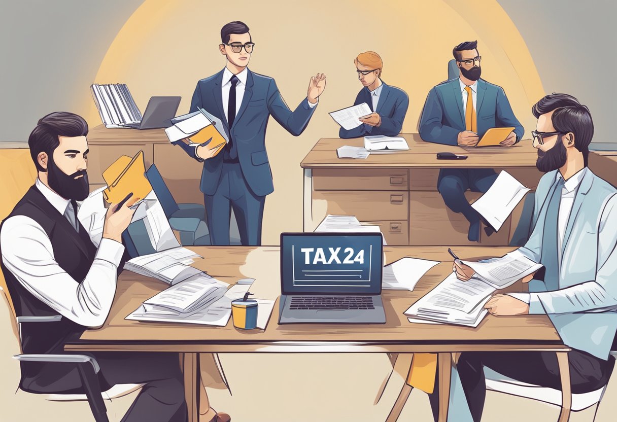 Entrepreneurs studying tax law changes in 2024, with updated documents and calculators on the table