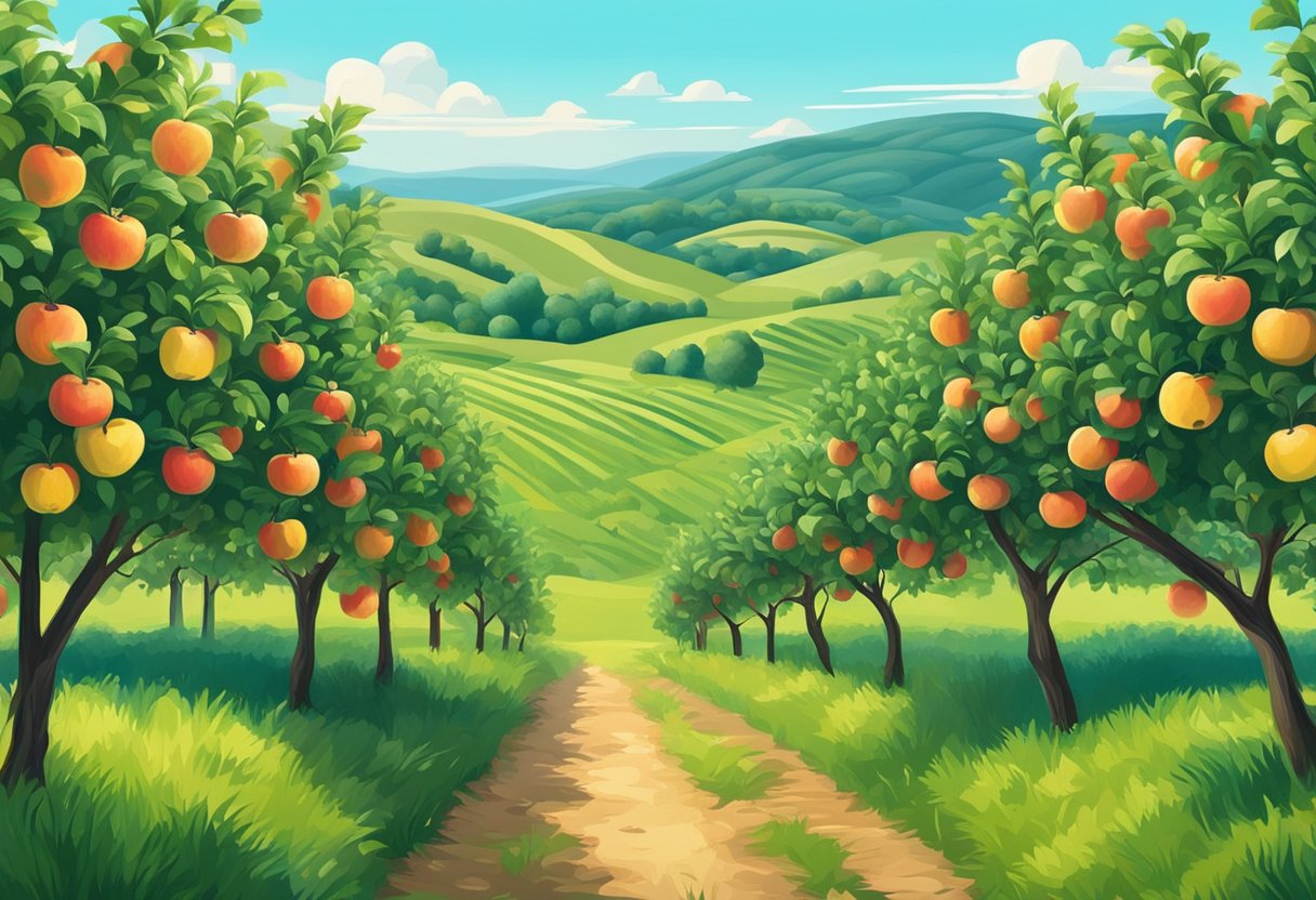 Lush orchard with rows of apple trees, ripe fruit hanging from branches. Bright blue sky and rolling hills in the background