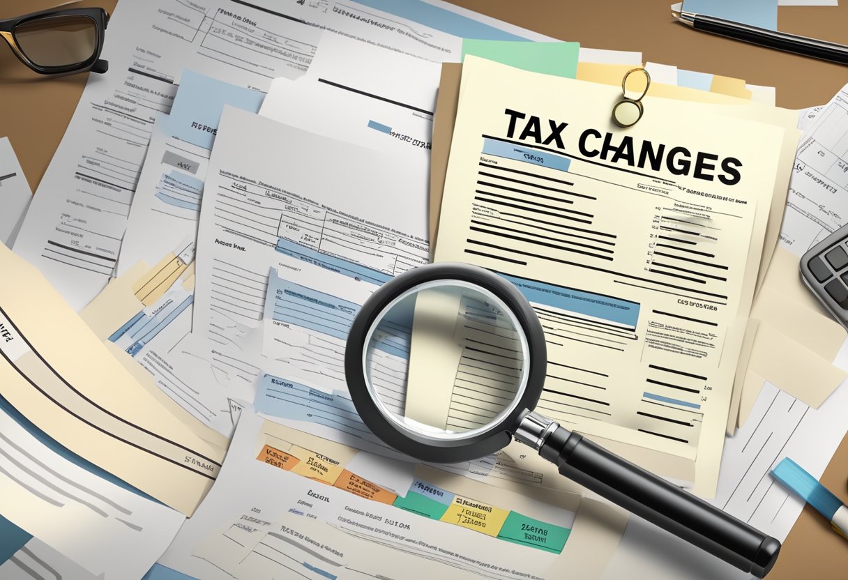 The scene depicts a stack of papers labeled "Tax Law Changes for 2024" with a magnifying glass highlighting key points