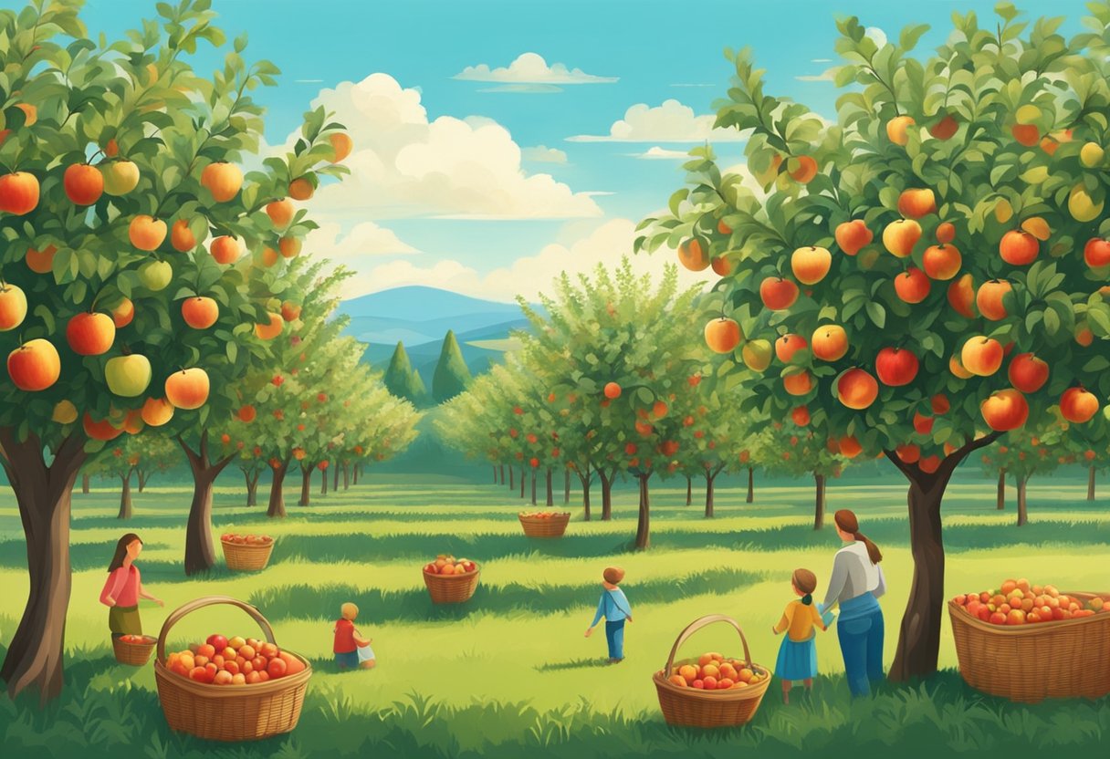 Lush orchard with rows of apple trees, ripe fruit hanging from branches. Families gather apples into baskets, under a clear blue sky