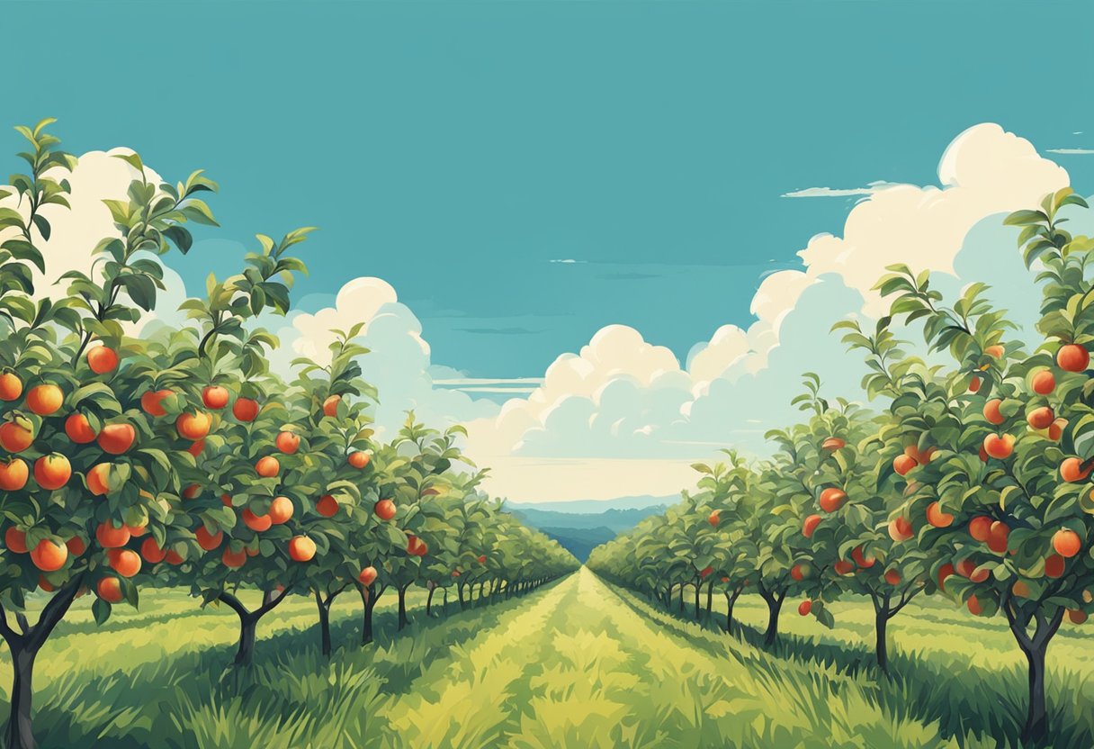 Lush apple orchard with rows of trees, ripe fruit ready for picking, under a clear blue sky