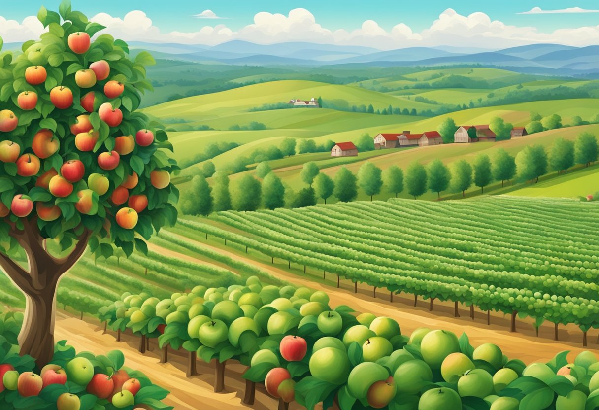 Lush apple orchard with rows of trees, ripe red and green apples, families picking fruit, rolling hills in the distance